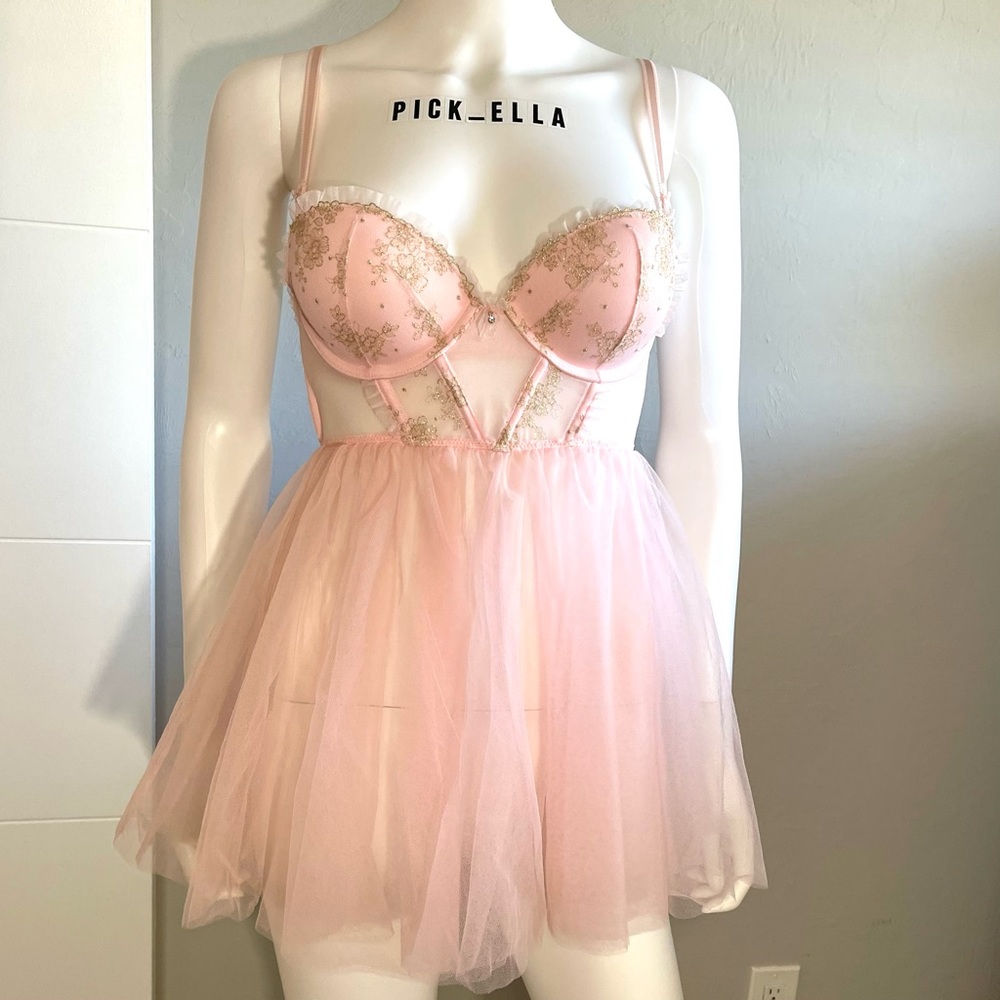 36D Vs Victoria’s Secret Tulle Pink Gold Ballerina Lingerie Dress Sexy Costume